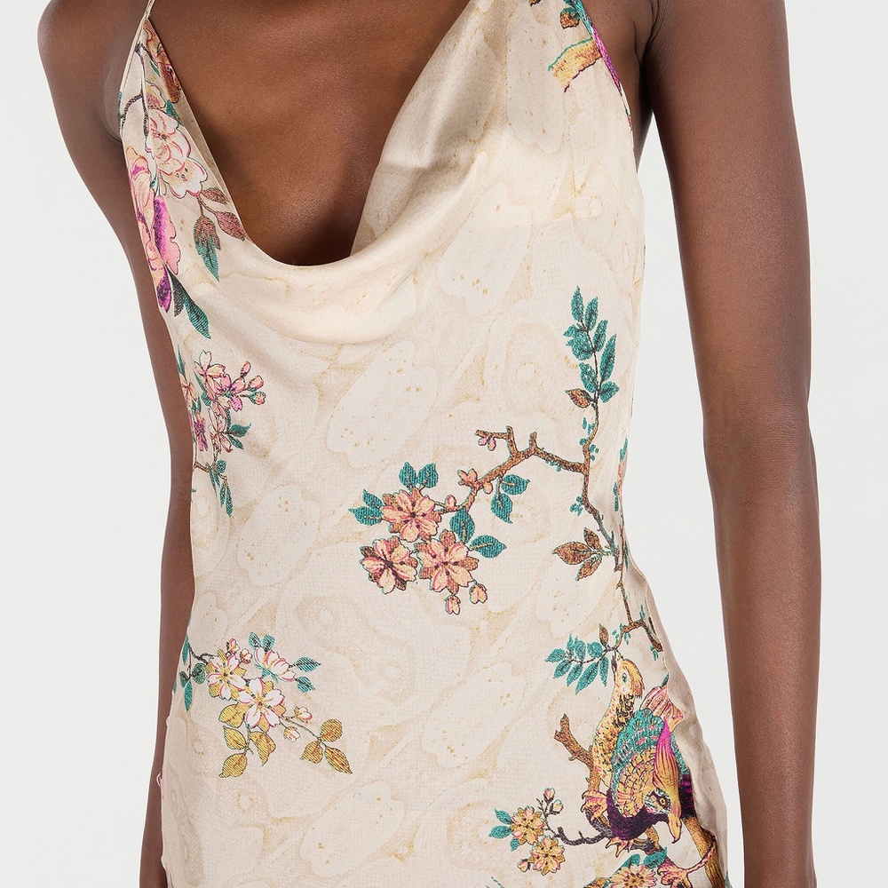 Pure Silk Dress With Oriental Bird Print - Picture 3 of 10
